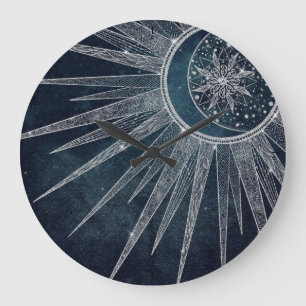 Grande Horloge Ronde Elégant Silver Sun Moon Doodle Mandala Blue Design