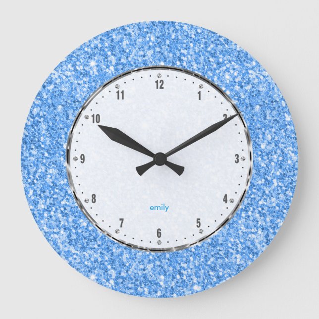 Grande Horloge Ronde Elegant Simple Ciel-Bleu Glitter (Recto)