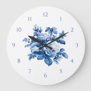 Grande Horloge Ronde Élégant Vintage Chine Bleu Roses