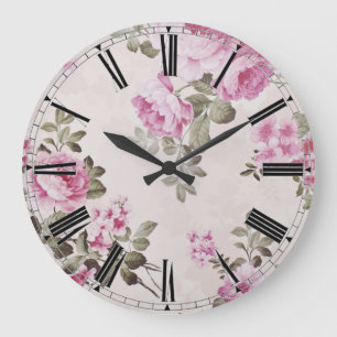 Grande Horloge Ronde Elegant Vintage Floral Rose Clock