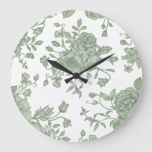 Grande Horloge Ronde Élégant Vintage Vert Sauge Floral Français