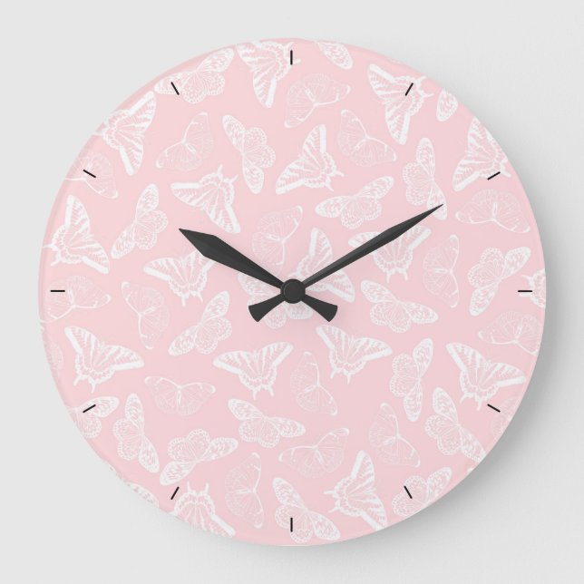 Grande Horloge Ronde Elegant White Butterflies Rose Design (Recto)