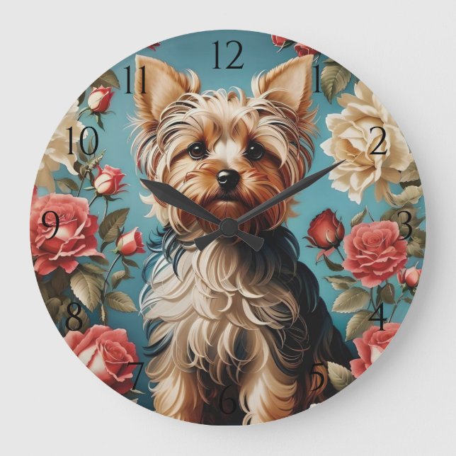 Grande Horloge Ronde Elégant Yorkshire Terrier Portrait Rose Garden (Recto)