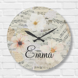 Grande Horloge Ronde Elégante aquarelle Florale Vintage feuille musique