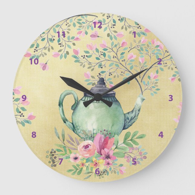 Grande Horloge Ronde Elégante Aquarelle Teapot et Fleurs Or (Recto)