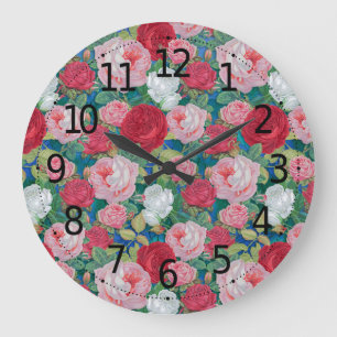 Grande Horloge Ronde Elégante aquarelle victorienne Roses rouge et rose