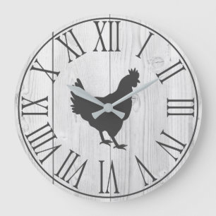 Grande Horloge Ronde Élégante ferme rustique Faux White Wood & Hen