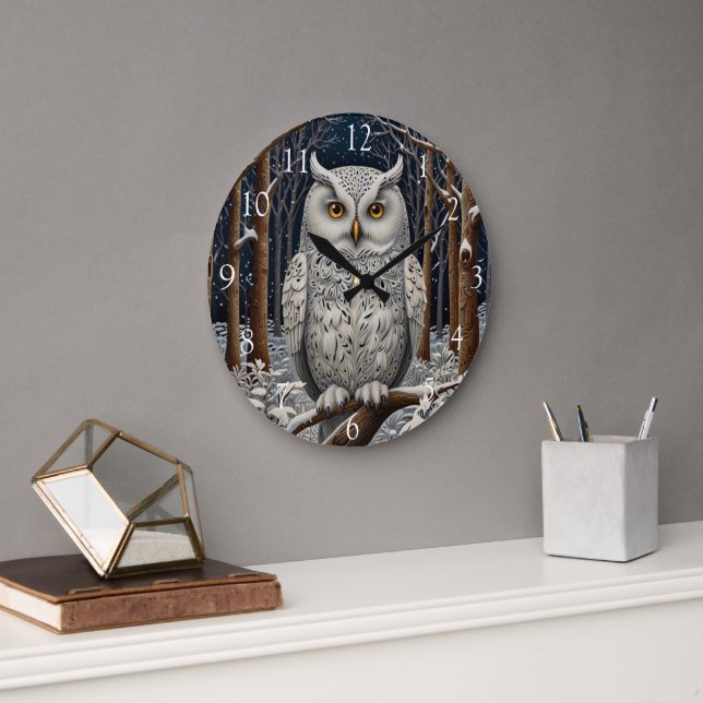 Grande Horloge Ronde Élégante forêt d'hiver de chouette blanche boho (Bureau)