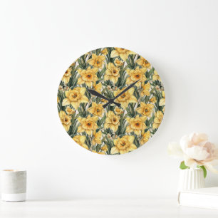Grande Horloge Ronde Elégante jonquille Jaune Aquarelle Fleurs