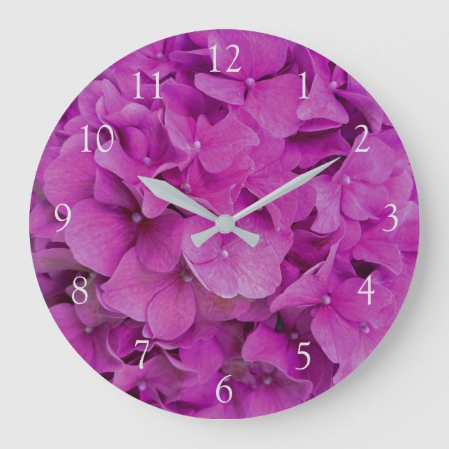 Grande Horloge Ronde Elégante magenta rose hydrangée florale roses (Recto)