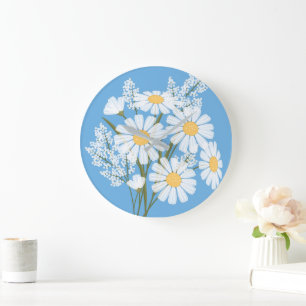 Grande Horloge Ronde Elégante marguerite florale blanche sur bleu