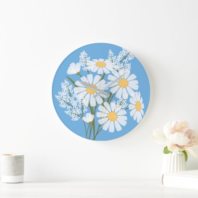 Grande Horloge Ronde Elégante marguerite florale blanche sur bleu (Maison)