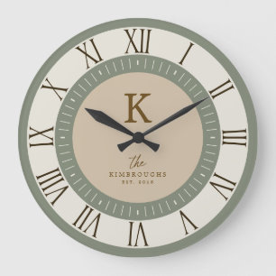 Grande Horloge Ronde Élégante Moderne Crème de Sauge Marron Monogramme 