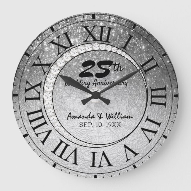 Grande Horloge Ronde Élégante Parties scintillant d'argent 25e annivers (Recto)