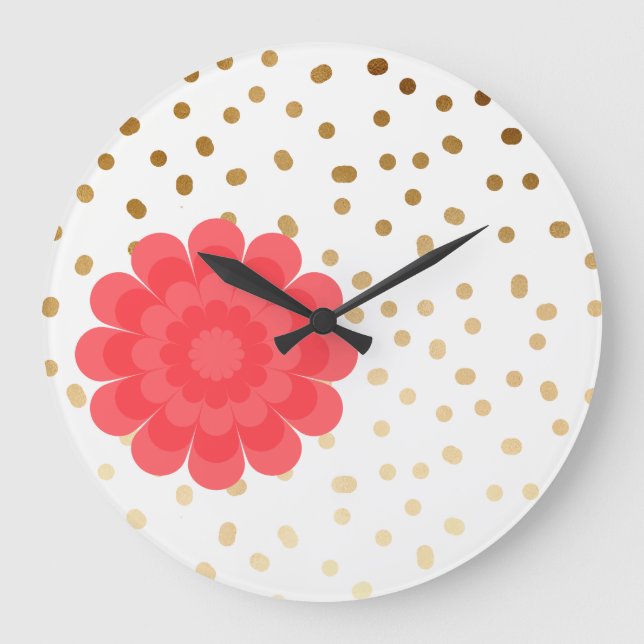 Grande Horloge Ronde élégante pois motif de fleurs rose (Recto)