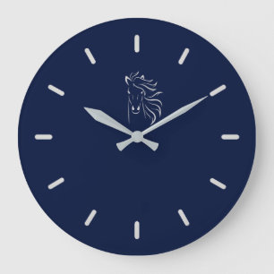 Grande Horloge Ronde Élégante silhouette de cheval gris argenté sur fon