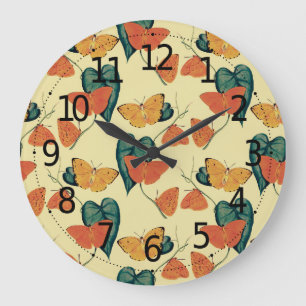 Grande Horloge Ronde Élégants papillons Vintages et Motif Feuille  