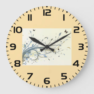 Grande Horloge Ronde Élégants Tourbillons Floraux Bleus et Or avec Papi
