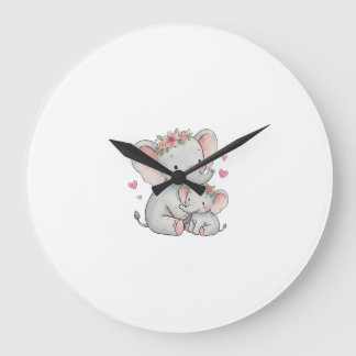 Grande Horloge Ronde Élément floral Mère et bébé éléphant Illustration