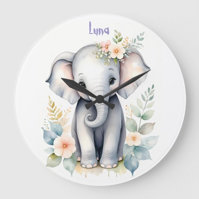 Grande Horloge Ronde Éléphant de bébé en fleurs (Recto)
