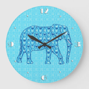 Grande Horloge Ronde Éléphant de fleur de Lotus - turquoise