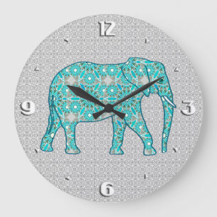 Grande Horloge Ronde Eléphant fleur Mandala - turquoise, gris & blanc