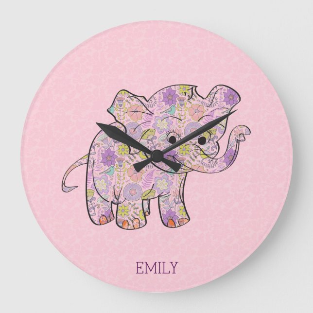 Grande Horloge Ronde Eléphant Floral Bébé Sur Damas Rose (Recto)