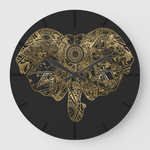 Grande Horloge Ronde Eléphant mignon dessiné à la main Fleur de henn