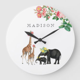 Grande Horloge Ronde Eléphant mignon & Giraffe Floral Personnalisé Nom 