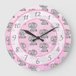 Grande Horloge Ronde Eléphant rose mignon enfant ou bébé pépinière