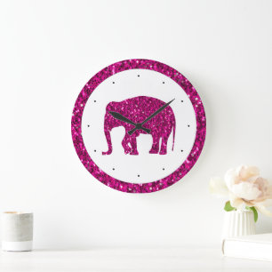 Grande Horloge Ronde Éléphant rose scintillant faux strass avec blanc