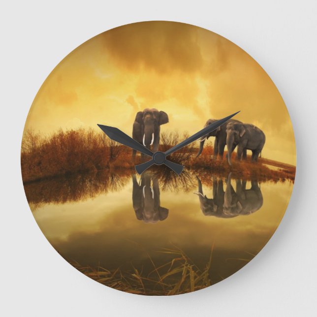 Grande Horloge Ronde Eléphants asiatiques en Thaïlande sous un coucher  (Recto)