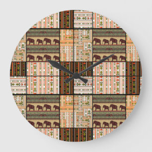 Grande Horloge Ronde Eléphants de Patchwork : Texture ornementale