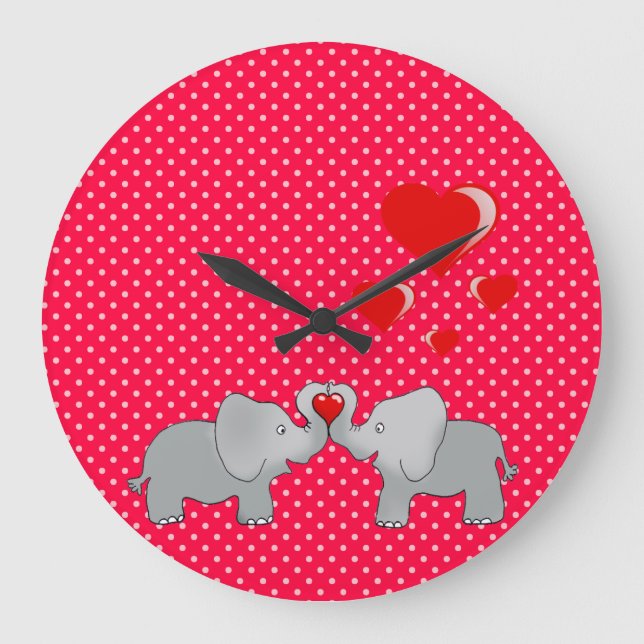 Grande Horloge Ronde Eléphants romantiques et Coeurs rouges sur Pois (Recto)