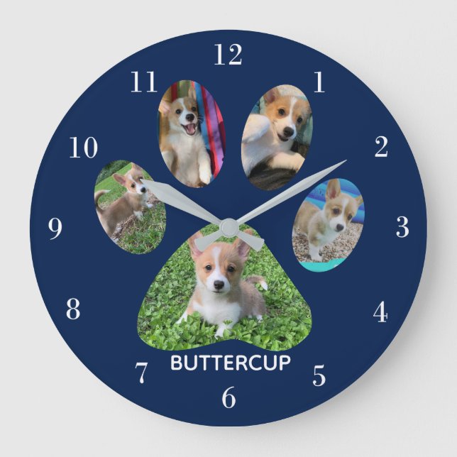 Grande Horloge Ronde Empreinte de patte mignon 5 Photo Chien bleu (Recto)