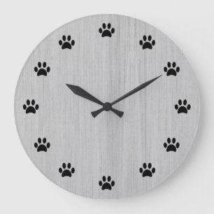 Grande Horloge Ronde Empreintes de patte noires en chiffres Bois rustiq
