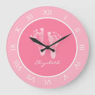 Grande Horloge Ronde Empreintes De Pépinière Rose Cute Avec Nom De Fill