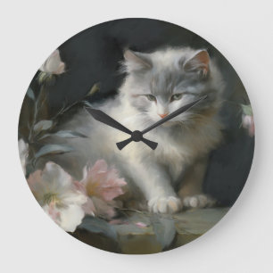 Grande Horloge Ronde En Compagnie De Fleurs Gris et Blanc Kitten