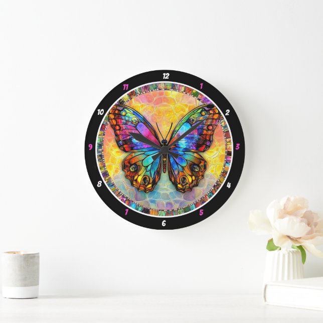 Grande Horloge Ronde Encombrement chromatique" - Papillon mosaïque (Maison)