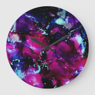 Grande Horloge Ronde Encre d'alcool violette Galaxy Abstraite