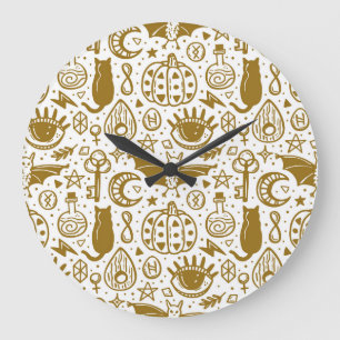Grande Horloge Ronde encre dorée d'Halloween, motif en silhouette sans