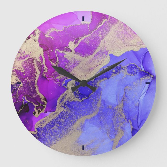 Grande Horloge Ronde Encre violette Abstraite d'or céleste (Recto)