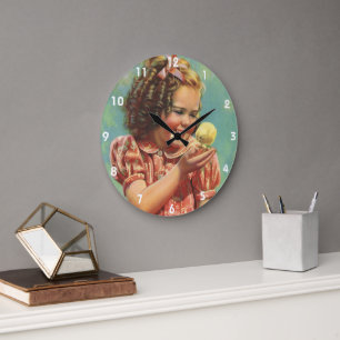 Grande Horloge Ronde Enfant vintage, Joyeux sourire, Fille avec bébé po