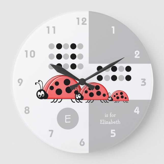 Grande Horloge Ronde Enfants gris et blancs coccinelle avec nom (Recto)