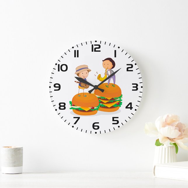 Grande Horloge Ronde Enfants jouant de la musique sur des cheeseburgers (Créateur téléchargé)