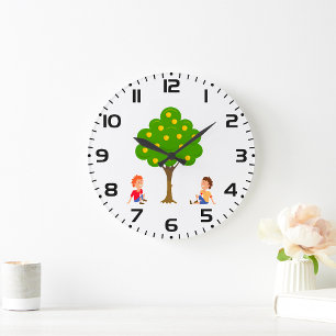 Grande Horloge Ronde Enfants joueuses assis sous un arbre de pomme