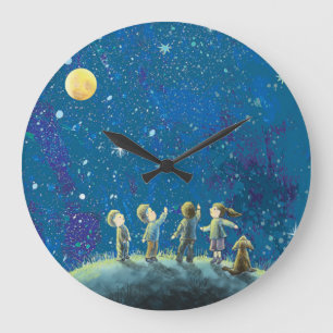 Grande Horloge Ronde Enfants Regardant Night Sky