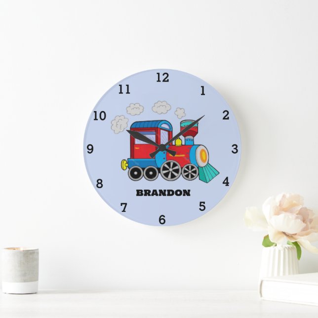Grande Horloge Ronde Enfants Train Boys Blue Custom Name (Maison)