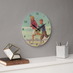 Grande Horloge Ronde Enfants vintages qui courent à l'école portant des