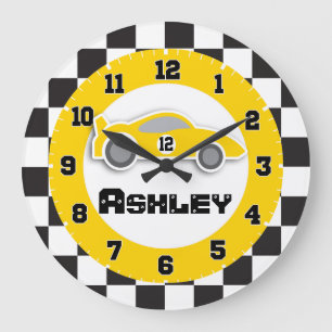 Grande Horloge Ronde Enfants voiture jaune à damiers nom du drapeau hor